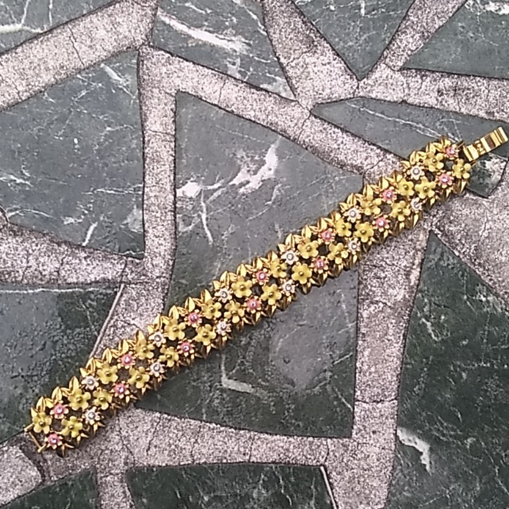 Vintage Monet Flower Enamel & Rhinestone Bracelet